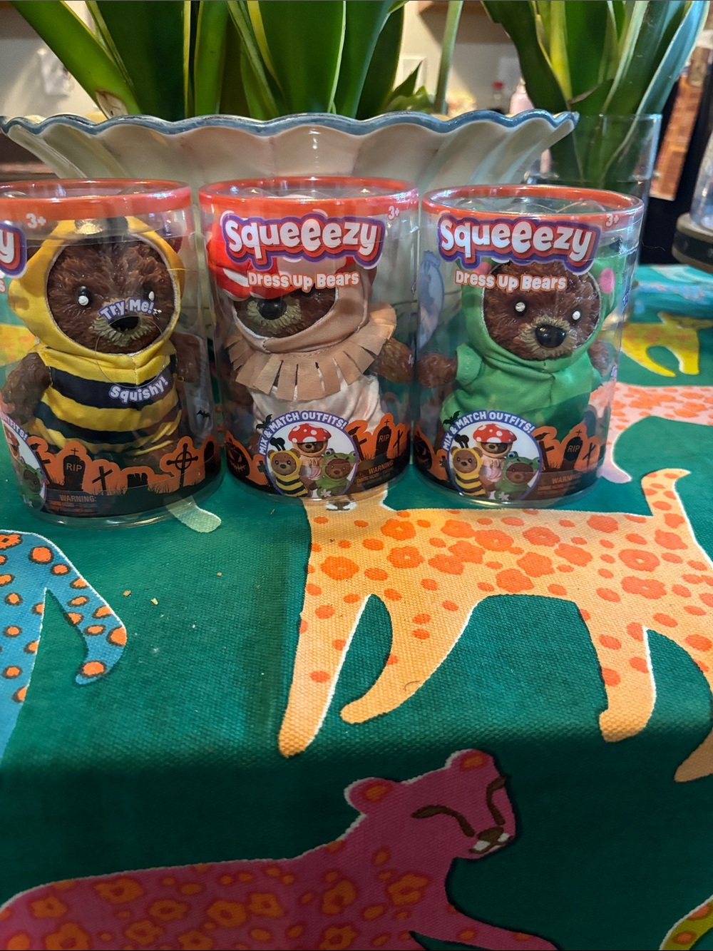 Squeeze Squeezy Dress Up Bears in Yellow, Brown, Green Costumes